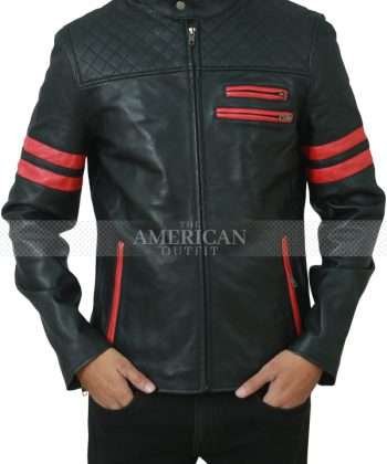 Mens Cafe Racer Black Real Leather Jacket with Red Stripes