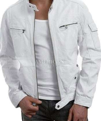 Mens Cafe Racer Biker White Leather Jacket