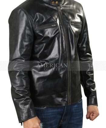 Men’s Cafe Racer Shiny Black Sheepskin Leather Jacket
