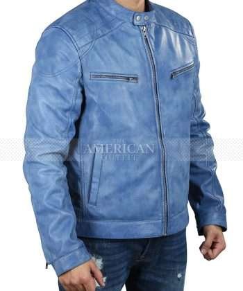 Cafe Racer Slim Fit Blue Real Leather Jacket For Mens