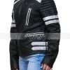 Womens Cafe Racer Snap-Tab Erect Collar Black Leather White Striped Jacket