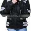 Cafe Racer Snap-Tab Erect Collar Black Leather White Striped Jacket For Women