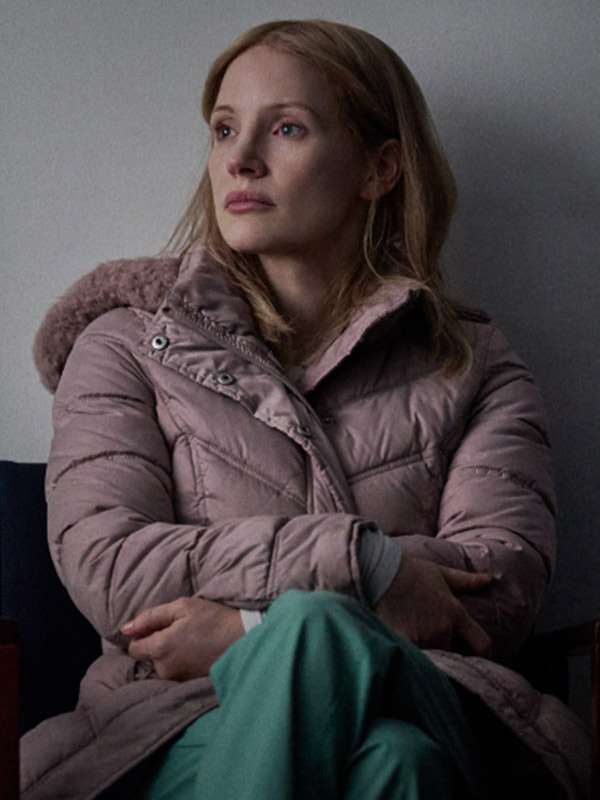 Jessica Chastain The Good Nurse (2022) Pink Puffer Jacket The Good Nurse Jessica Chastain Pink Jacket