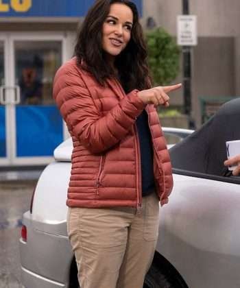 Eliza Blockbuster Season 01 Melissa Fumero Maroon Puffer Jacket