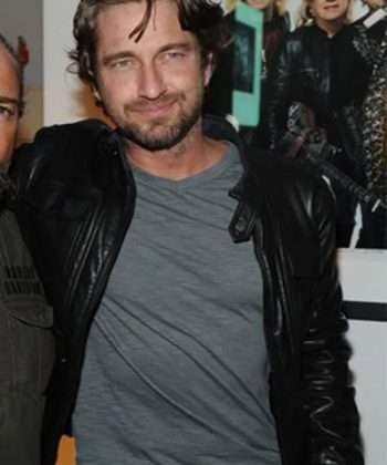 Actor Gerard Butler Black Leather Jacket