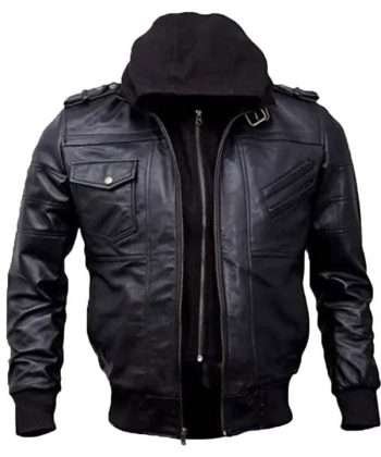 Men's Black Hooded Bomber Leather Jacket
