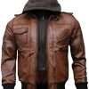Men's Brown Hooded Bomber Leather Jacket