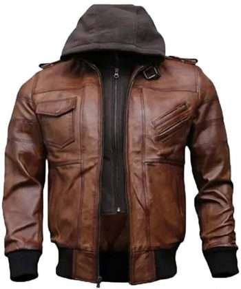 Men's Brown Hooded Bomber Leather Jacket