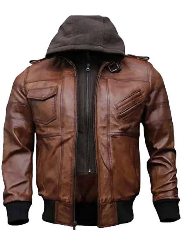 Men's Brown Hooded Bomber Leather Jacket