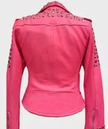 Studded Pink Leather Biker Jacket for Women