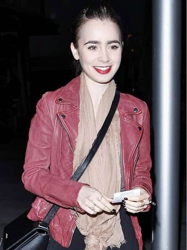 Spiderman 2 Lilly Collins Pink Leather Jacket