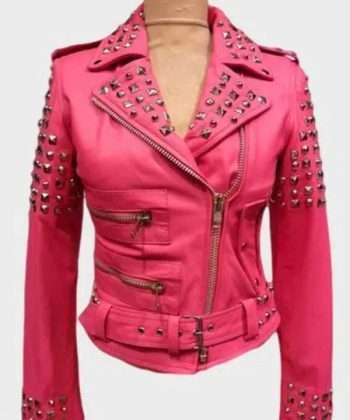 Womens Pink Biker Studded Jacket