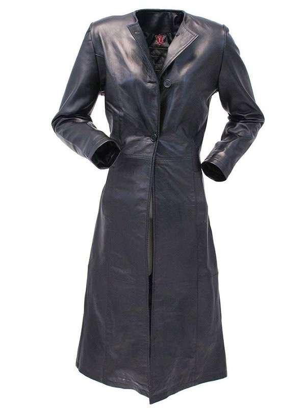 Women's Classic Black Leather Trench Coat