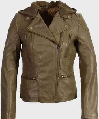 Womens Olive Green Biker Leather Jacket