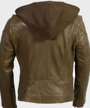 Women’s Classic Motorcycle Olive Green Leather Hooded Jacket