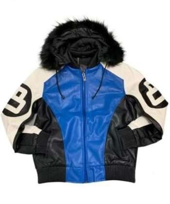 Men’s 8 Ball White Black and Blue Leather Jacket