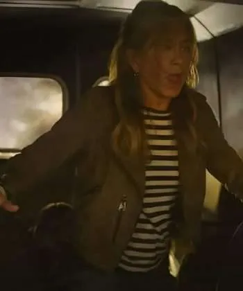 Audrey Spitz Murder Mystery 2 Jennifer Aniston Green Suede Leather Biker Jacket