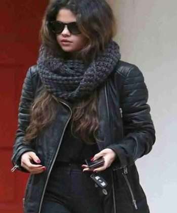 Selena Gomez Black Leather Quilted Coat