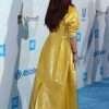 Selena Gomez Yellow Long Leather Coat For Women