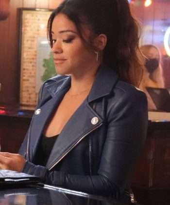 TV Series Not Dead Yet Gina Rodriguez Blue Leather Biker Jacket