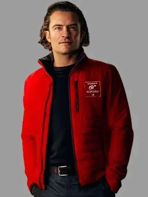 Orlando Bloom Gran Turismo 2023 Red Puffer Jacket Danny Moore Gran Turismo Orlando Bloom Red Puffer Jacket