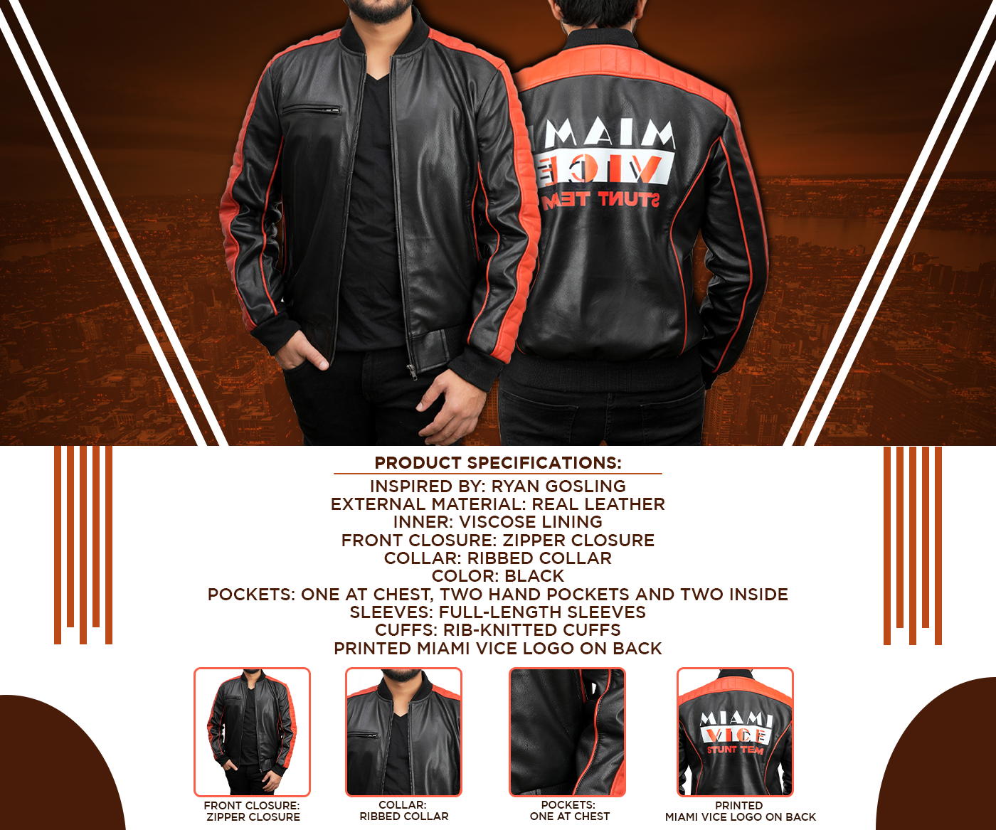 Miami Vice Stunt Team Ryan Gosling Black Leather Jacket 