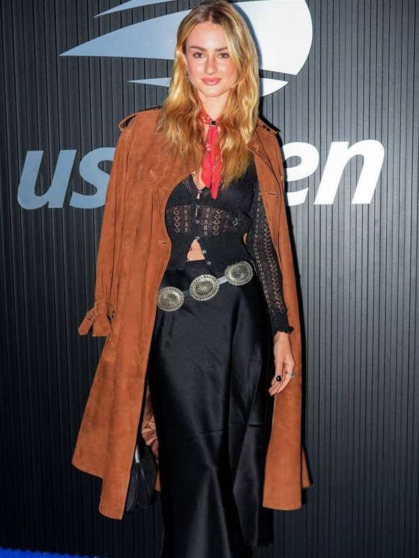 Grace Van Patten 2024 Brown Suede Leather Coat