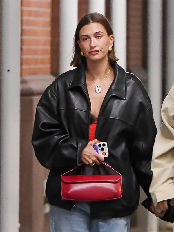 Hailey Bieber's Oversized Black Leather Jacket