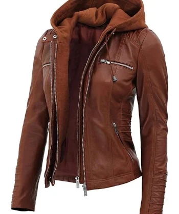 Womens Brown Leather Jacket With Hood